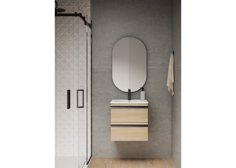 Meuble PORTOS 2 tiroirs + VASQUE - Poignées noires