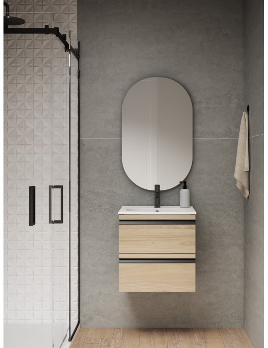 Meuble PORTOS 2 tiroirs + VASQUE - Poignées noires